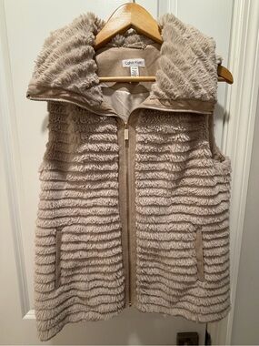 Calvin Klein Woman’s Plush Faux Fur Hooded Vest in Taupe Beige